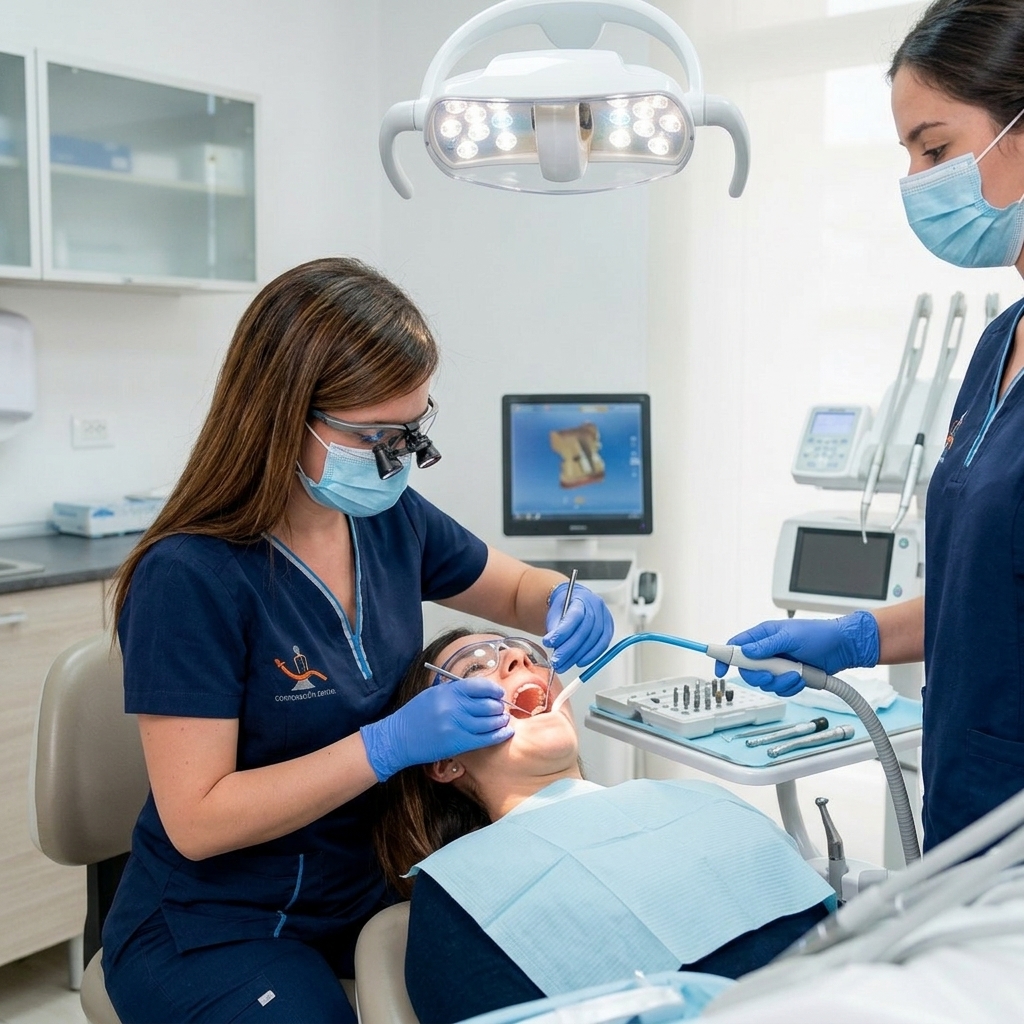 Doctora Gloria Ruiz realizando un implante dental