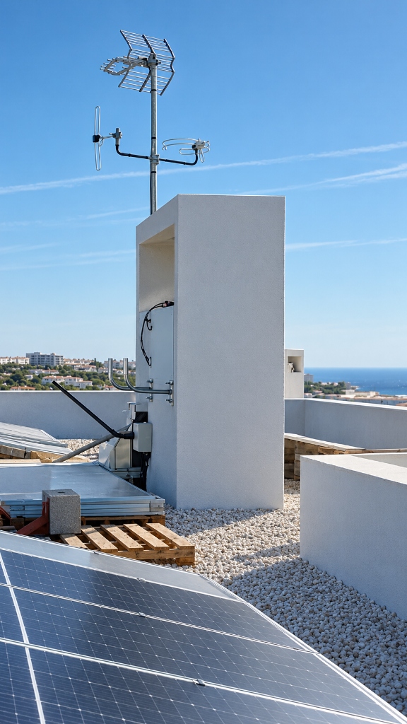 Instalación de mástil con antenas TDT y radio en cubierta técnica junto a paneles solares